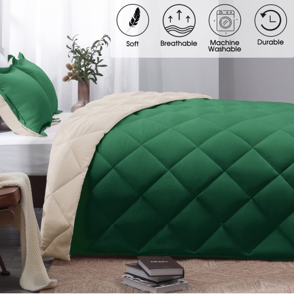 Forest Green/Ivory Comforter Set 3 King Size Reversible Down Alternative - Picture 2 of 6